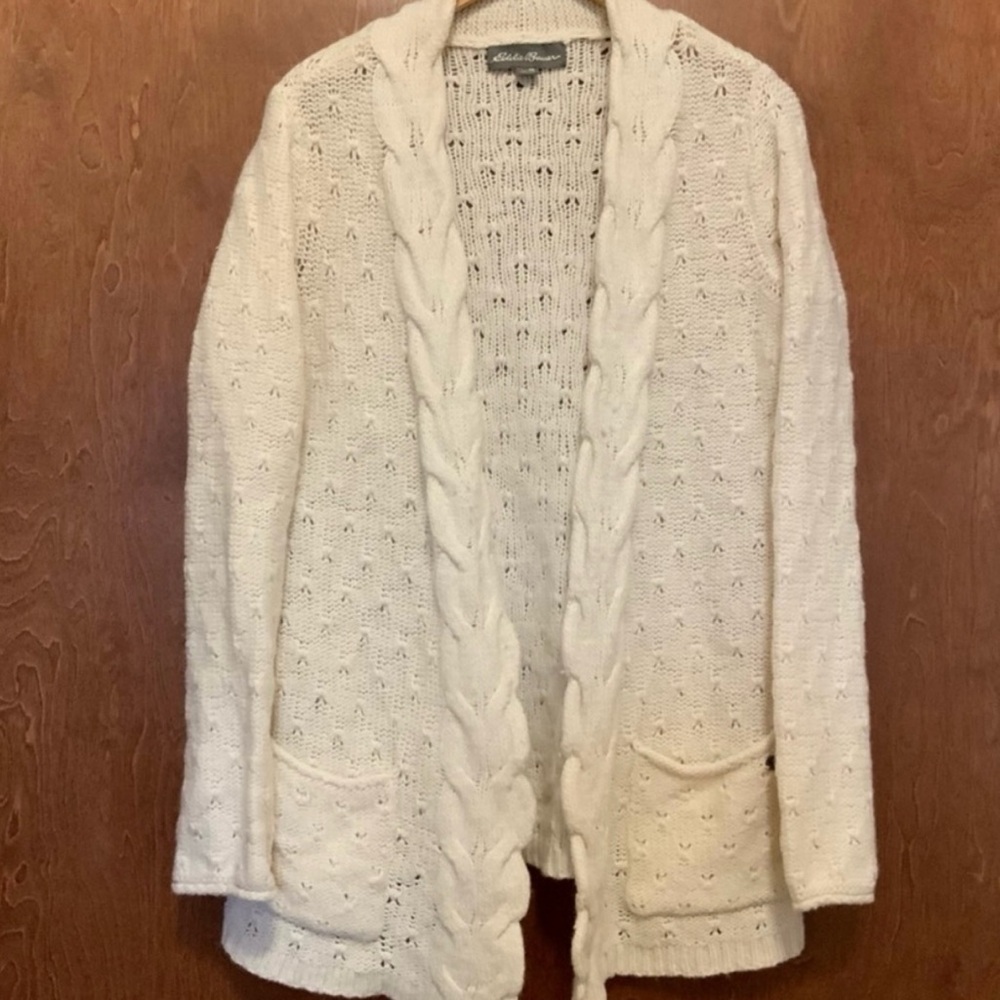 Eddie Bauer Open Pointelle Knit Cardigan Sweater Open Layers Cottage Preppy
